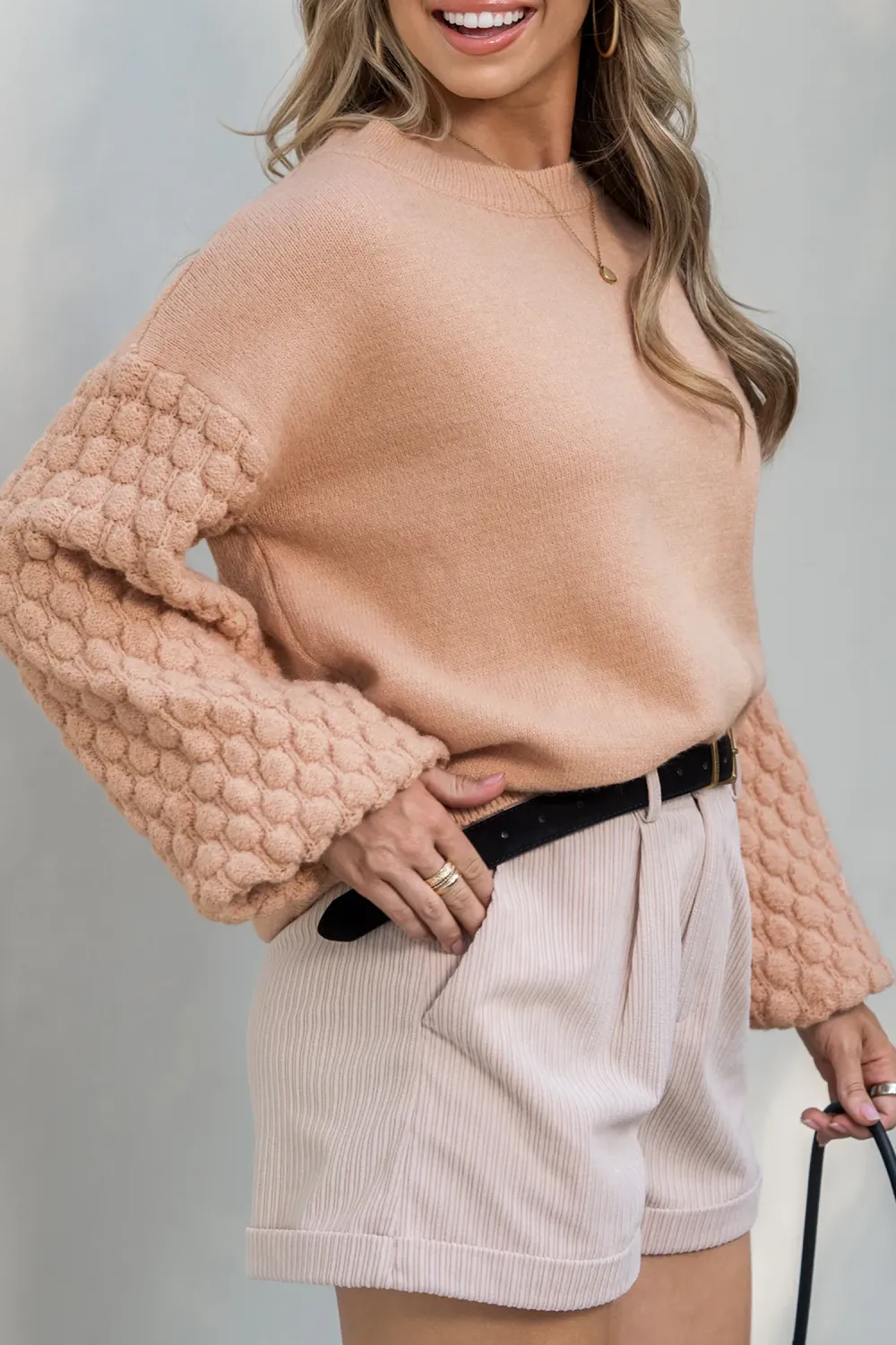 Beige Round Neck Drop Shoulder Long Sleeve Sweater