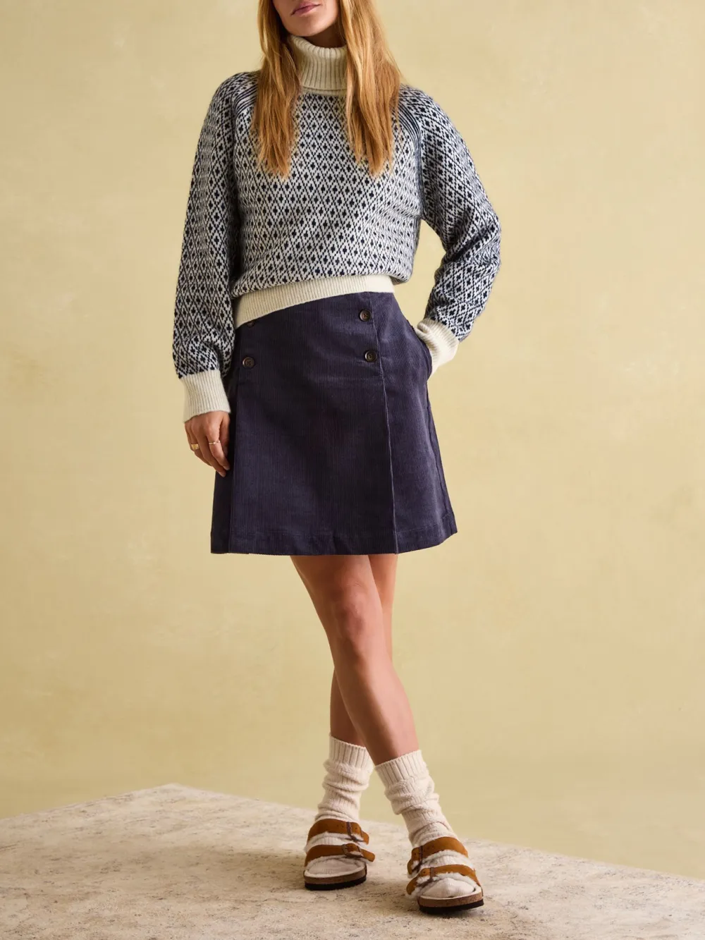 Ingrid Cream/Navy Patterned Jumper with Detachable Roll Neck