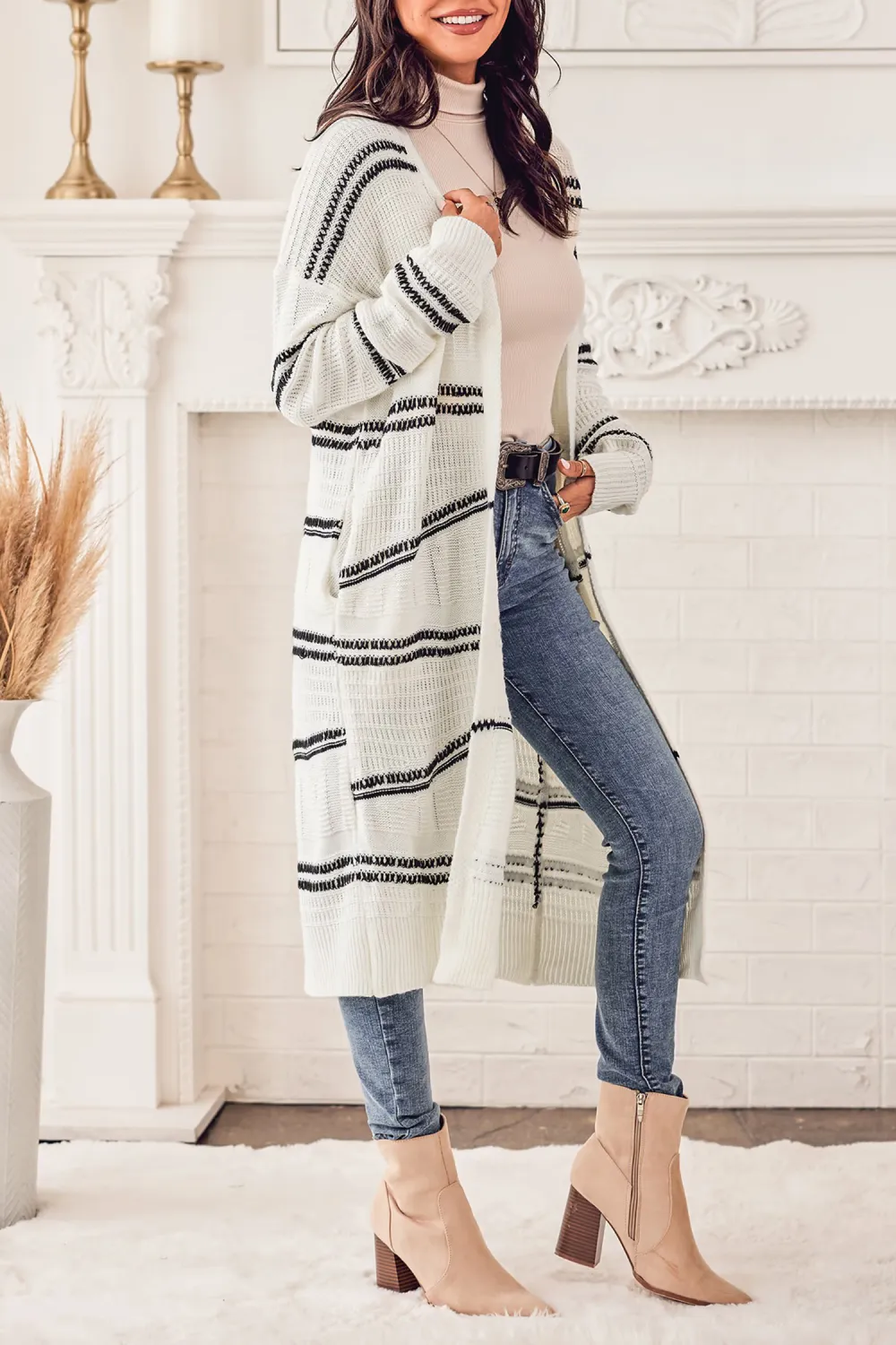 Striped Open-Front Longline Cardigan