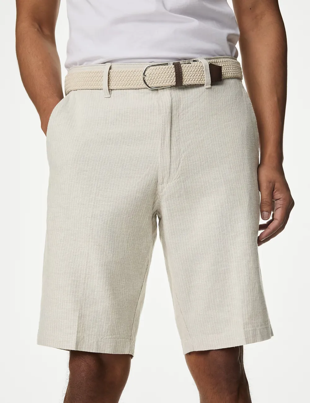 Linen Blend Striped Belted Chino Shorts