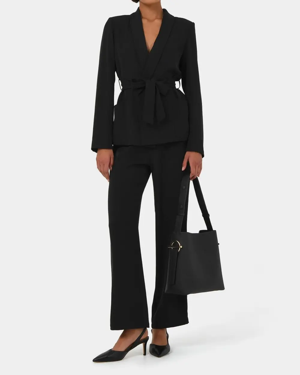 Straight Wide Leg Elastic Waist Pants -Black