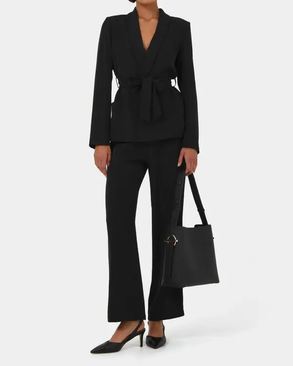 Straight Wide Leg Elastic Waist Pants -Black