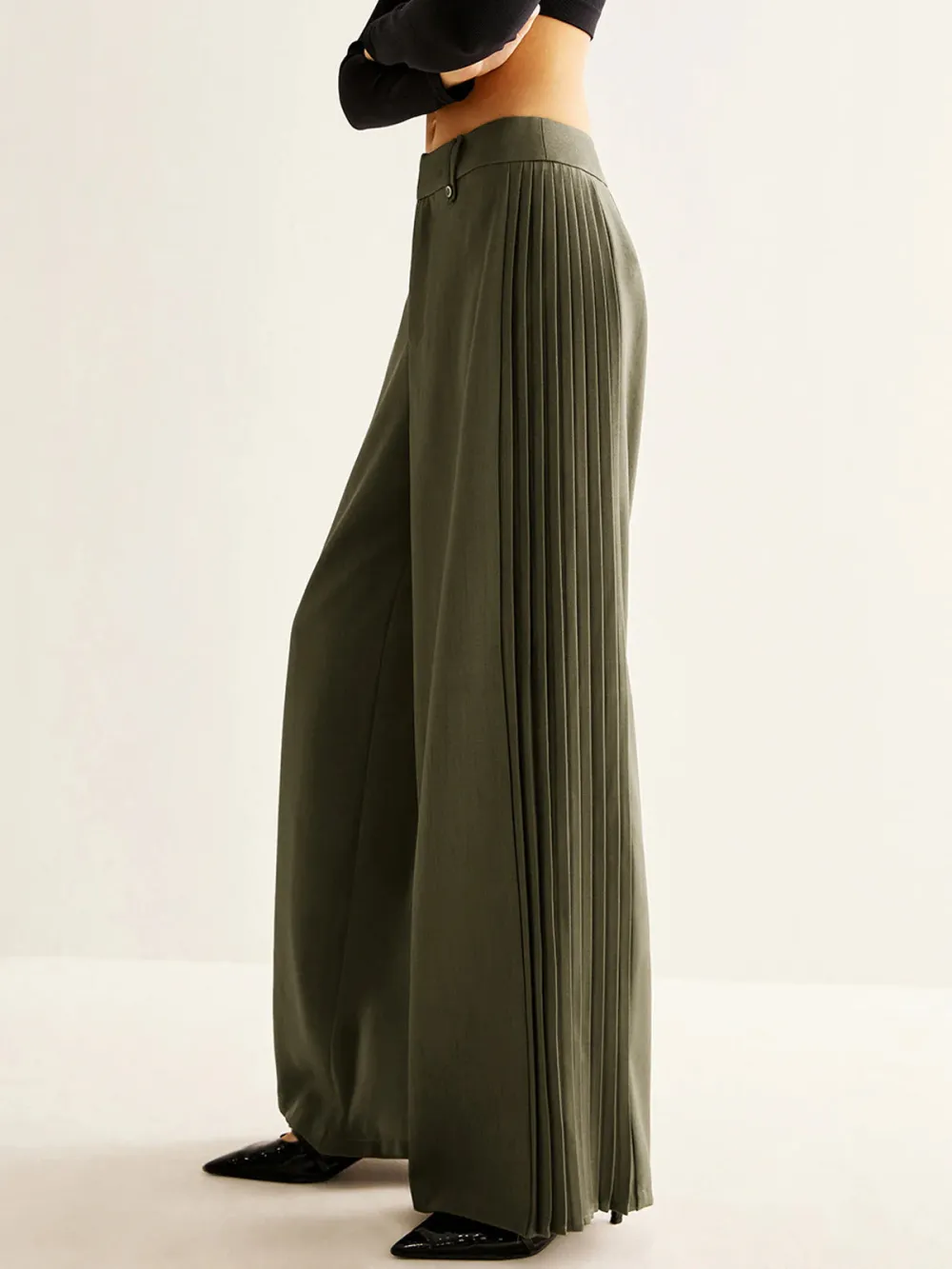 Pleated Detail Plain Wide-Leg Pants