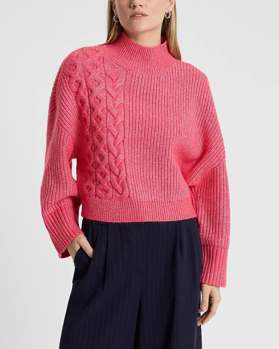 Relaxed Mock Neck Cable Knit Sweater