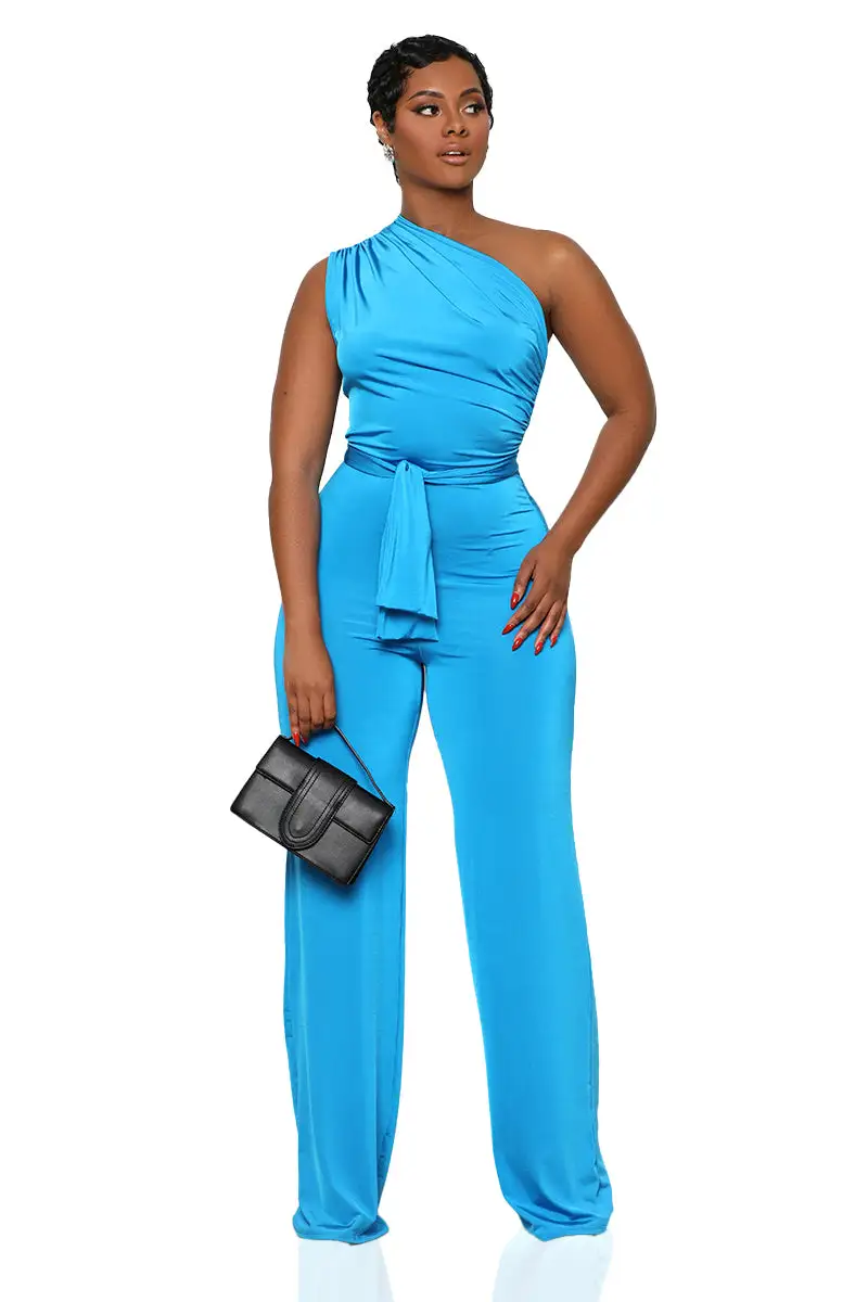 The Moment One Shoulder Jumpsuit (Aqua)-FINAL SALE