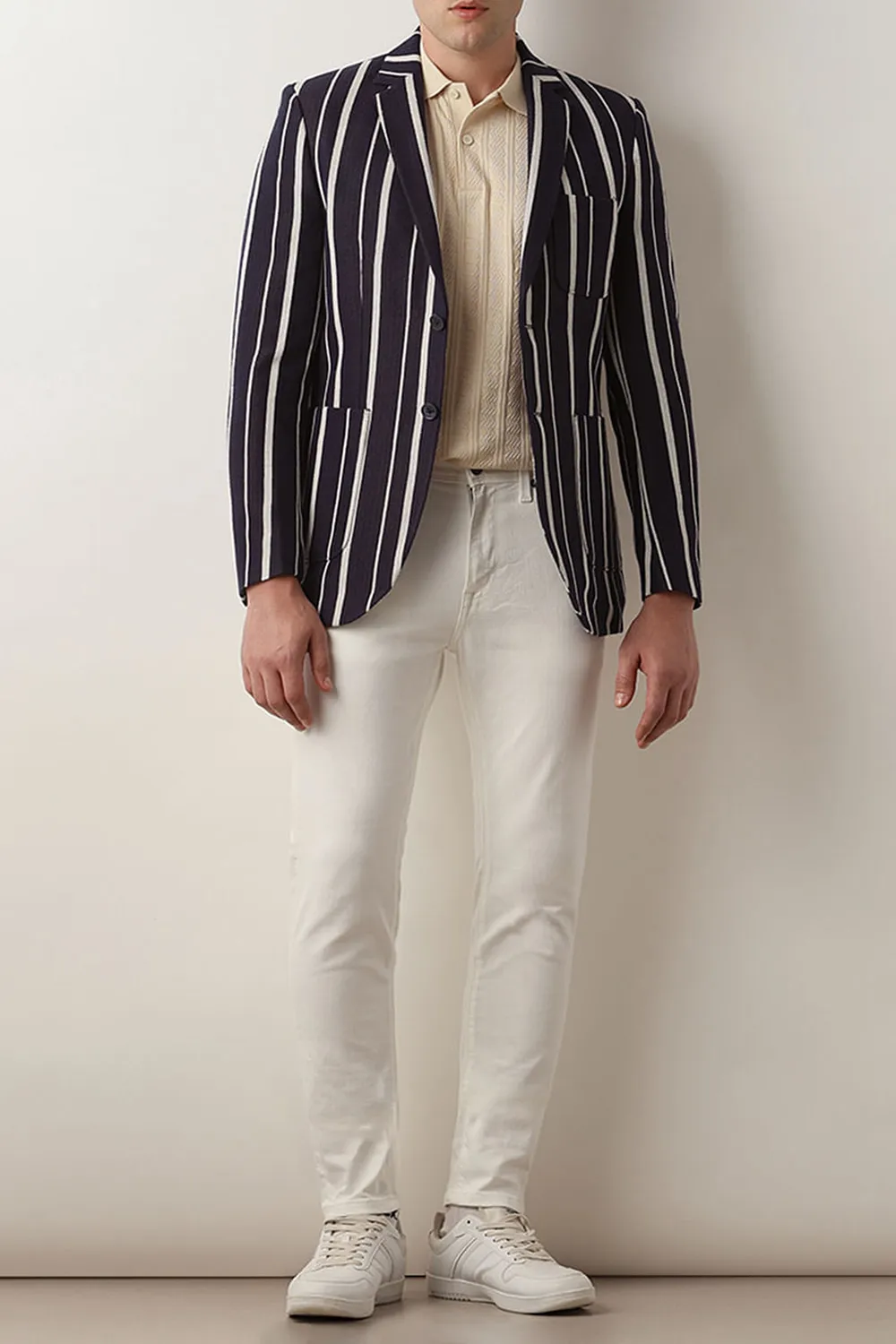 Navy Blue Textured Linen Casual Blazer