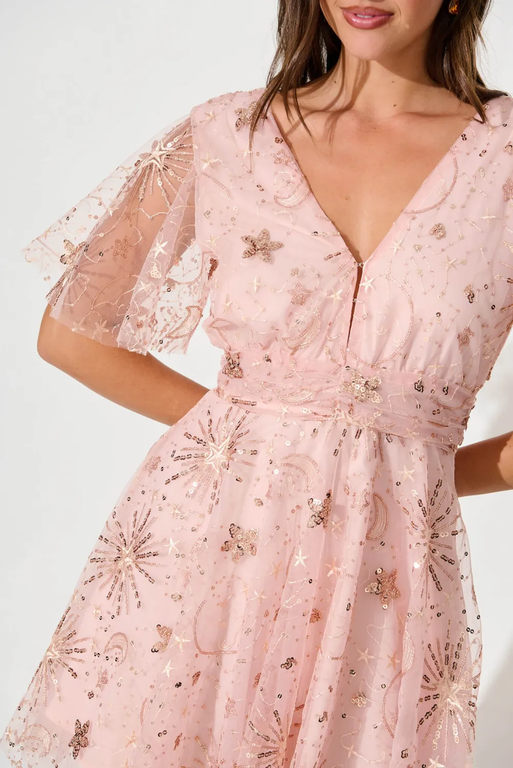 Pink Sequin Embroidered Mini Dress