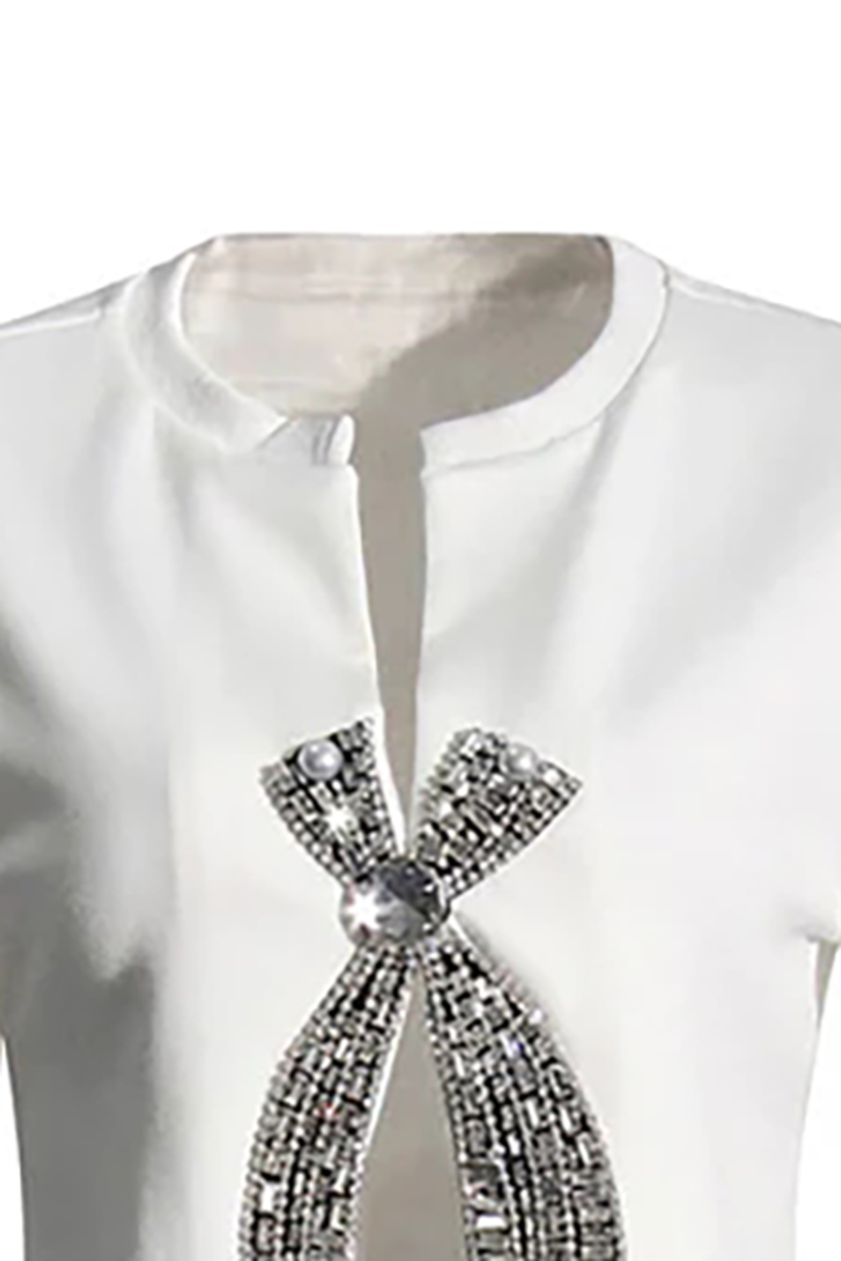 Sparkly Crew Neck Split Crystal Bow Embellished Short Sleeve Crop T Shirt