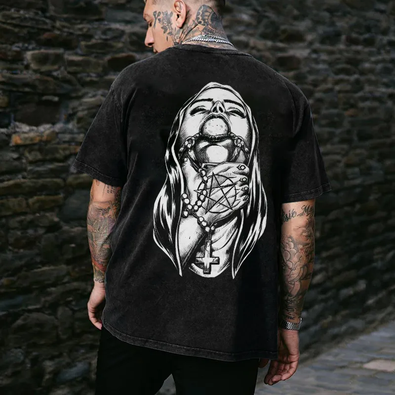 Evil Nun Printed Men's Washed T-Shirt