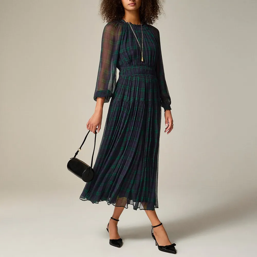 Crinkle chiffon sheer long-sleeve dress in Black Watch tartan