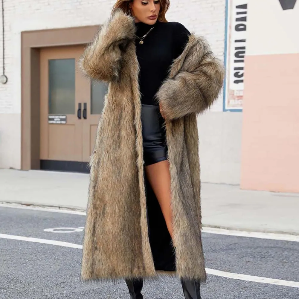 Mzkdieey Womens Faux Fur Warm Winter Coat Luxury Fluffy Parka Jacket Casual Open Front Cardigan Long Coat Outwear Overcoat