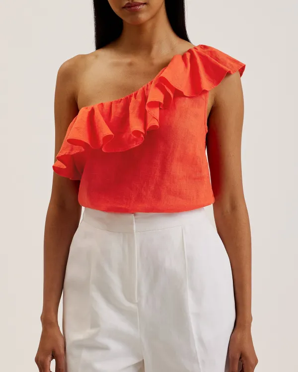 Symi Linen Ruffle One Shoulder Top Red