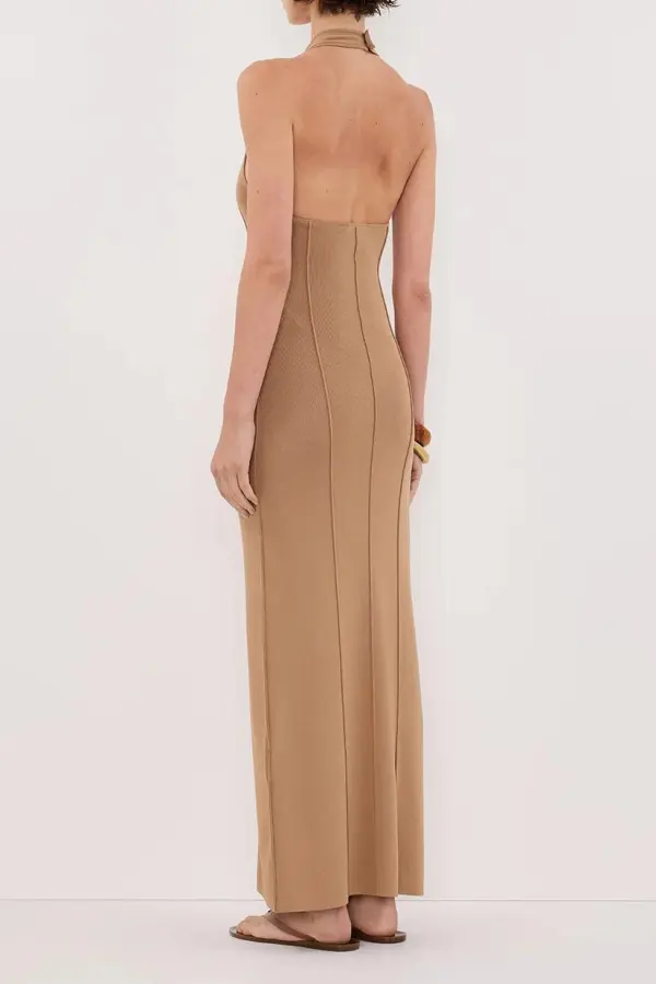 LISS TAN HALTER KNIT MAXI DRESS