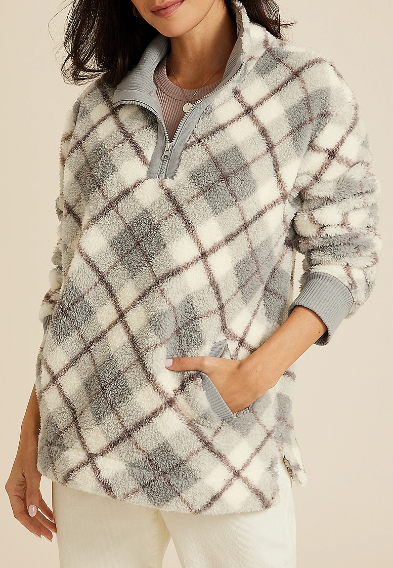 Sherpa Plaid Pullover Sweatshirt