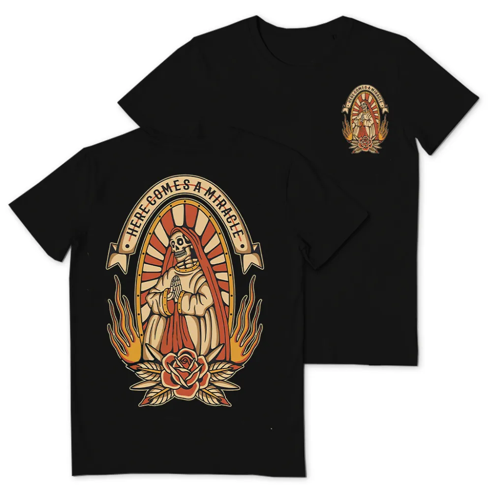 Here Comes A Miracle Skull Floral Print T-shirt