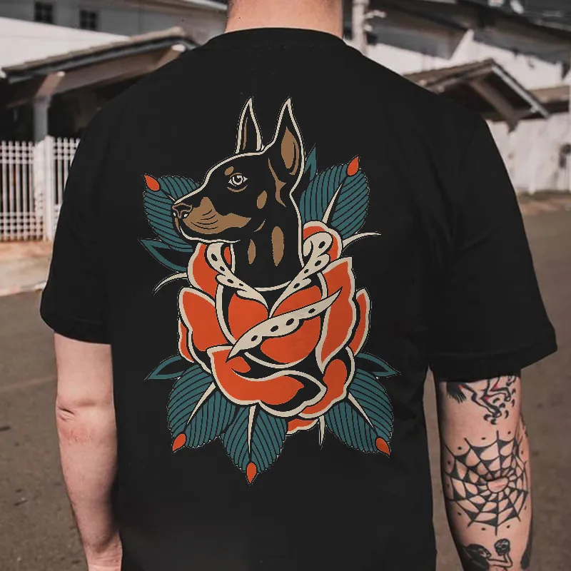 Doberman Red Rose Print Men's T-shirt