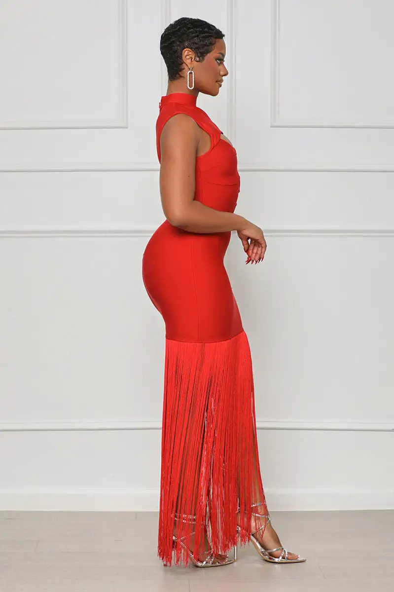 Ball Me Out Fringe Bandage Dress (Red)