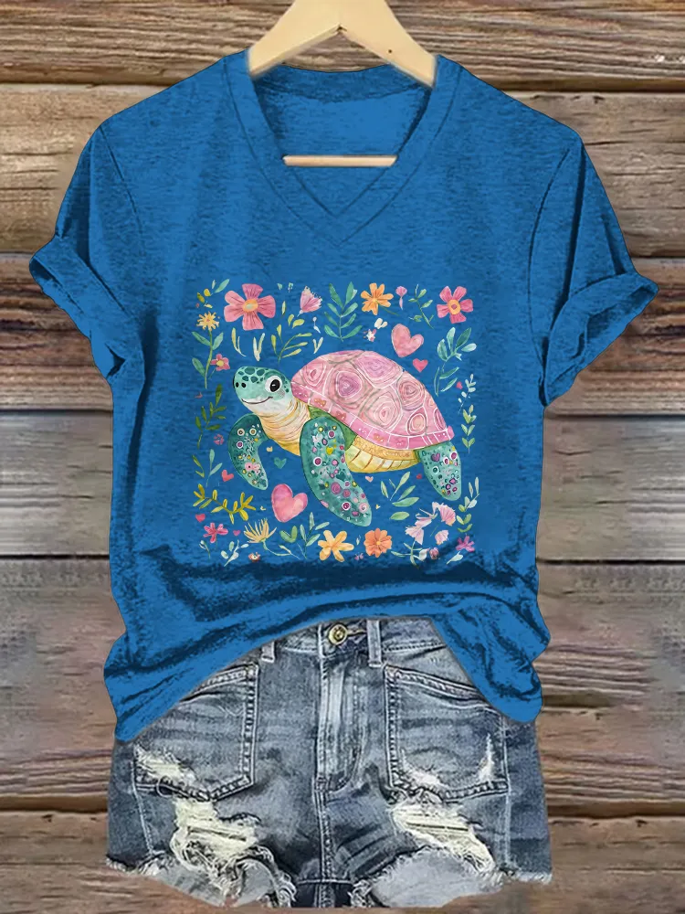 Women's Summer Turtle And Floral Short Sleeves V-Neck Pure Cotton T-Shirt