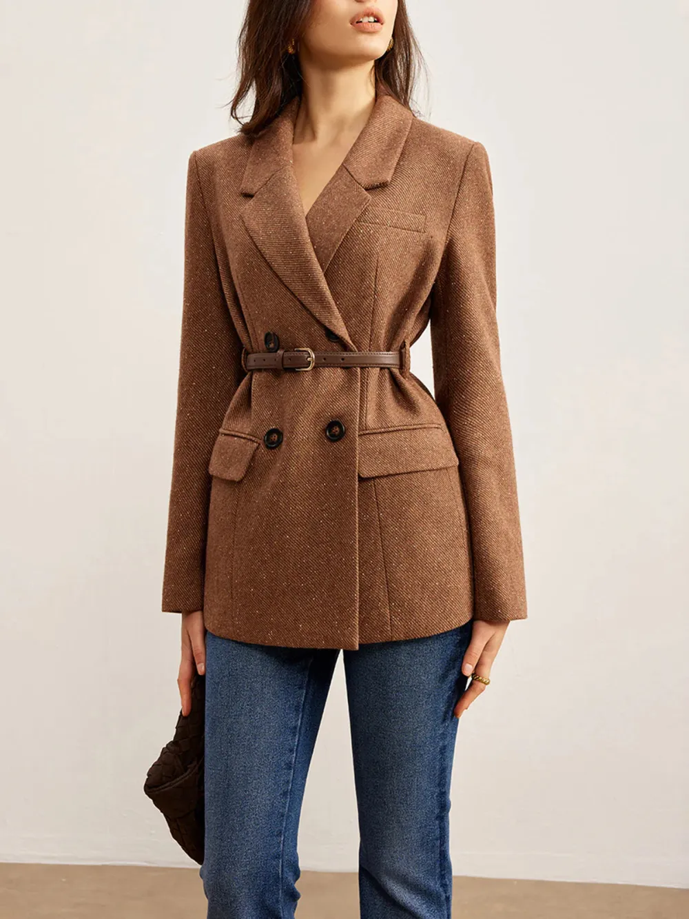 Double-Breasted Lapel Blazer With Belt