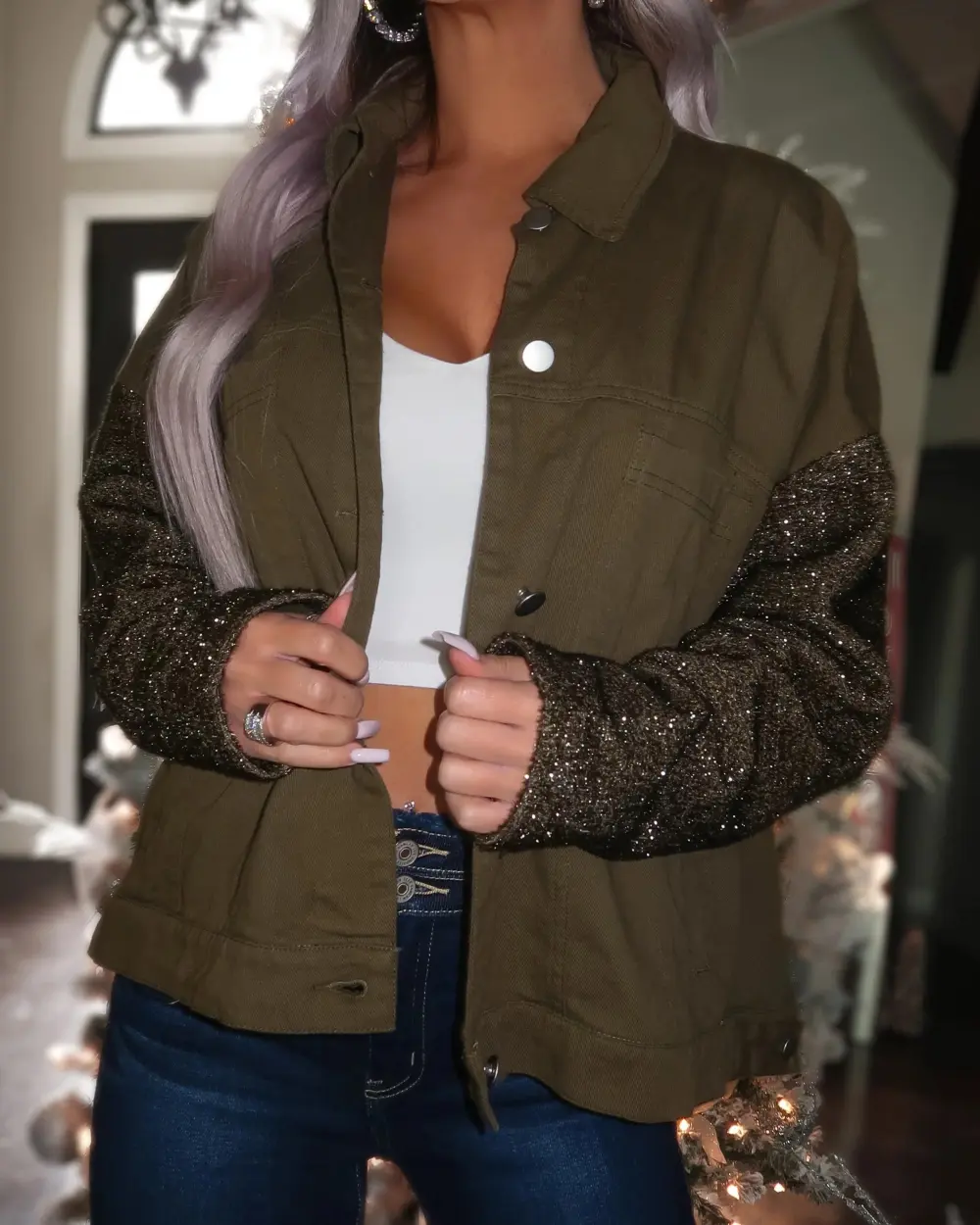 Take Me Home Metallic Sleeve Jacket - Olive