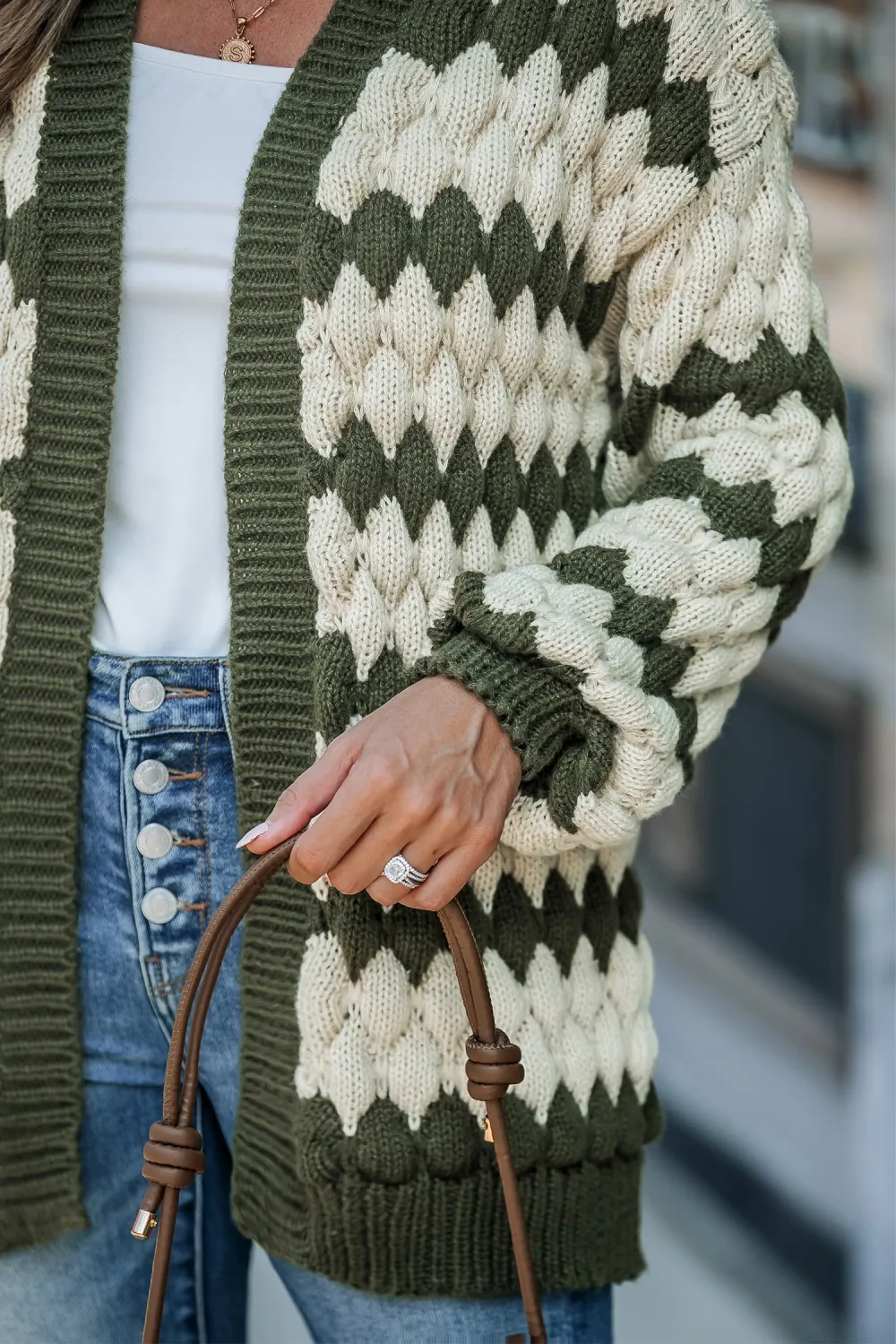 Green & White Stripe Open Front Puff Sleeve Cardigan