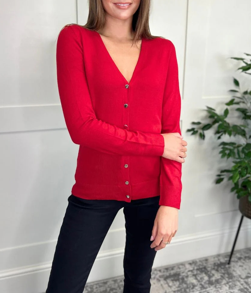 Red V Neck Button Cardigan