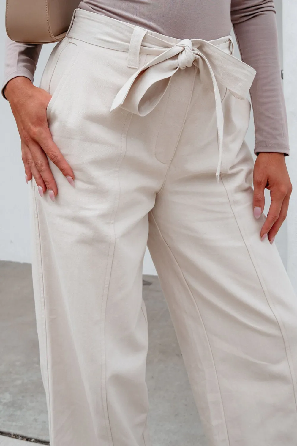 Belted Wide Leg Cuffed Pants - Natural