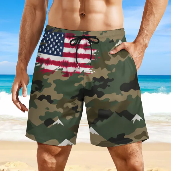 Flag Camouflage Sports Beach Shorts In The Upper Right Corner