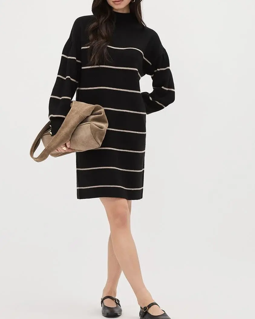 Puffy-Long-Sleeve Mock-Neck Mini Dress