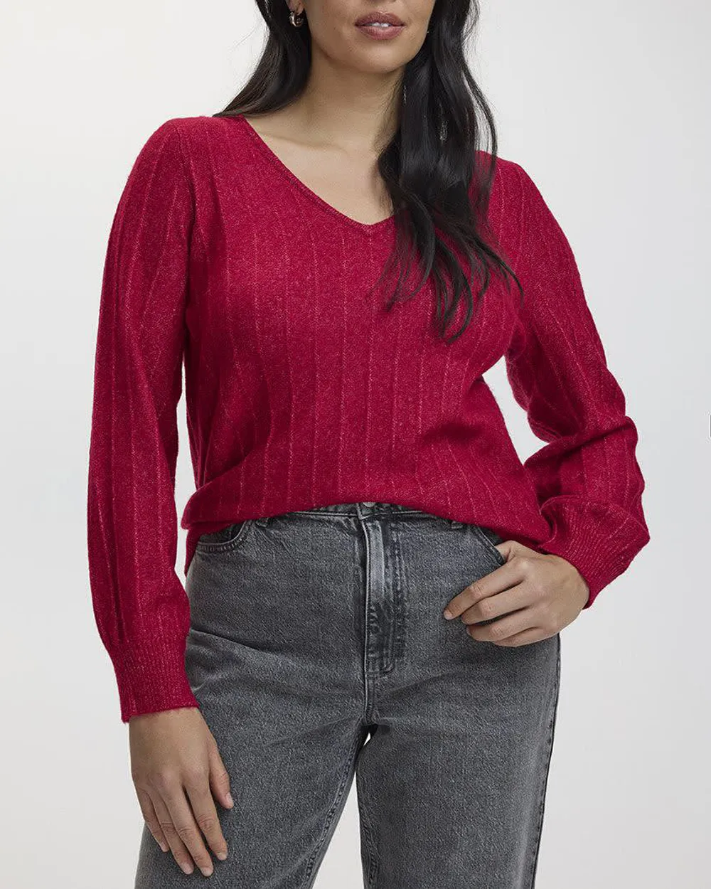 Long-Balloon-Sleeve V-Neck PlushSoft Sweater