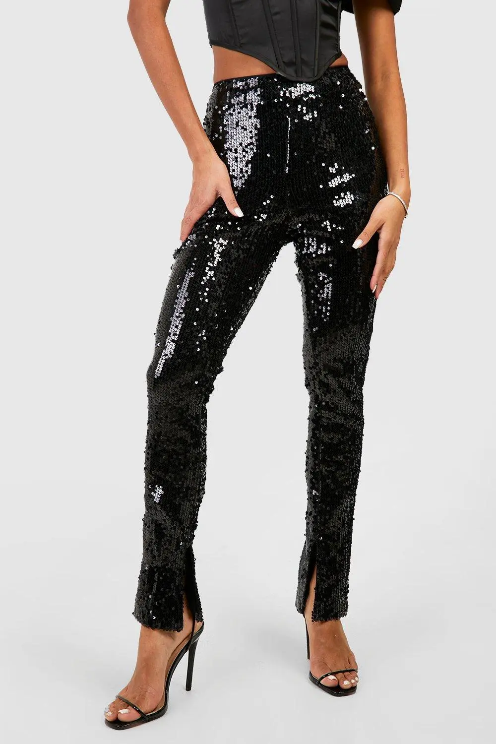 SEQUIN MID RISE SPLIT HEM PANTS