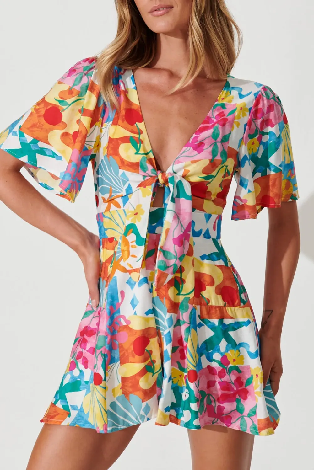 Colorful Printed Tie Front Short Jumpsuit