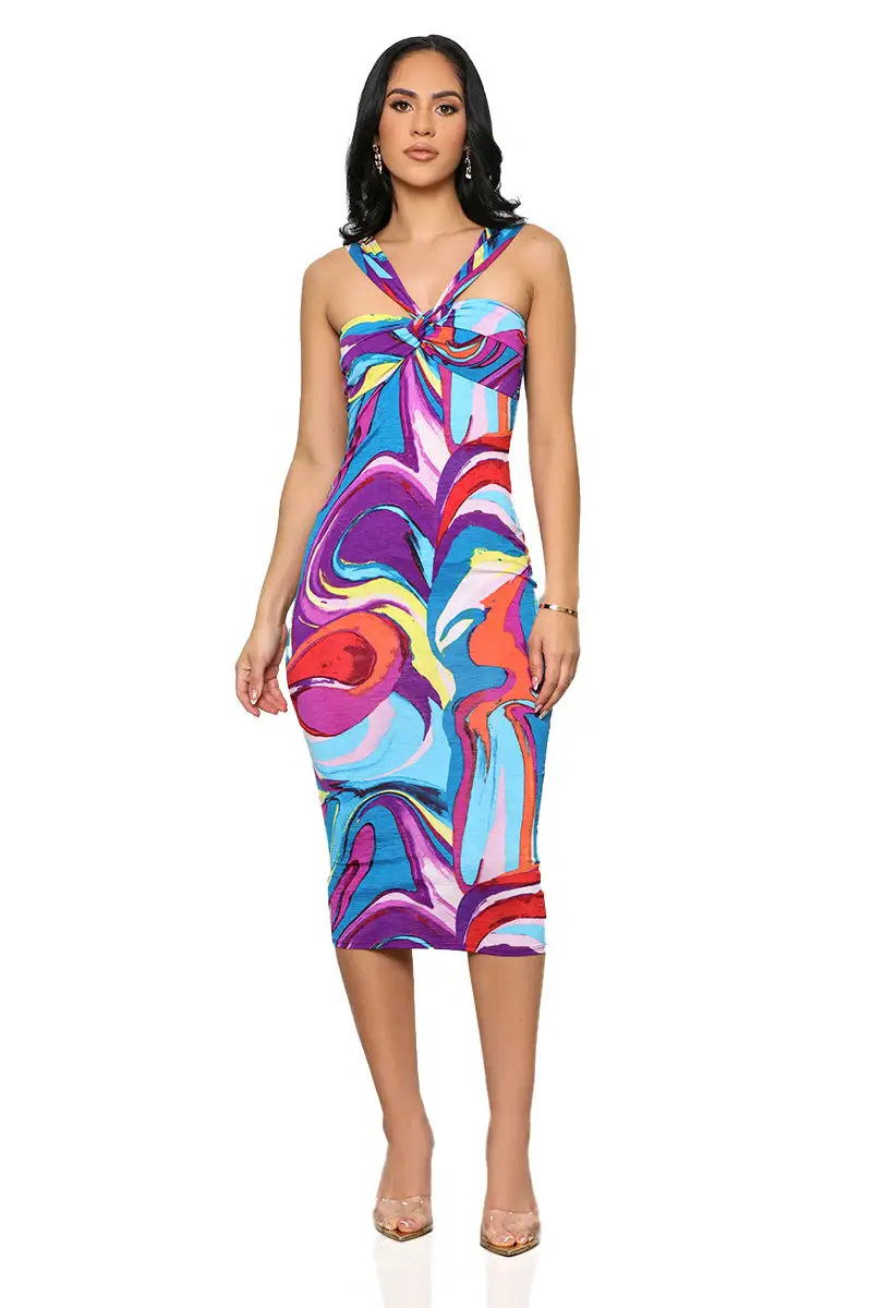 Color Swirl Halter Mini Dress (Purple Multi)-FINAL SALE