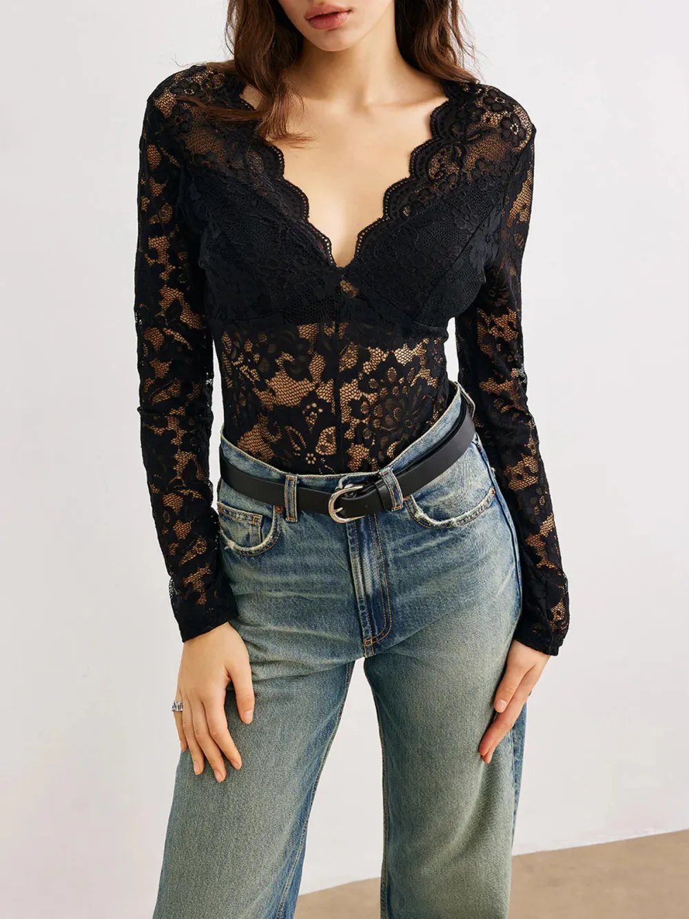 Lace V-Neck Long Sleeve Bodysuit