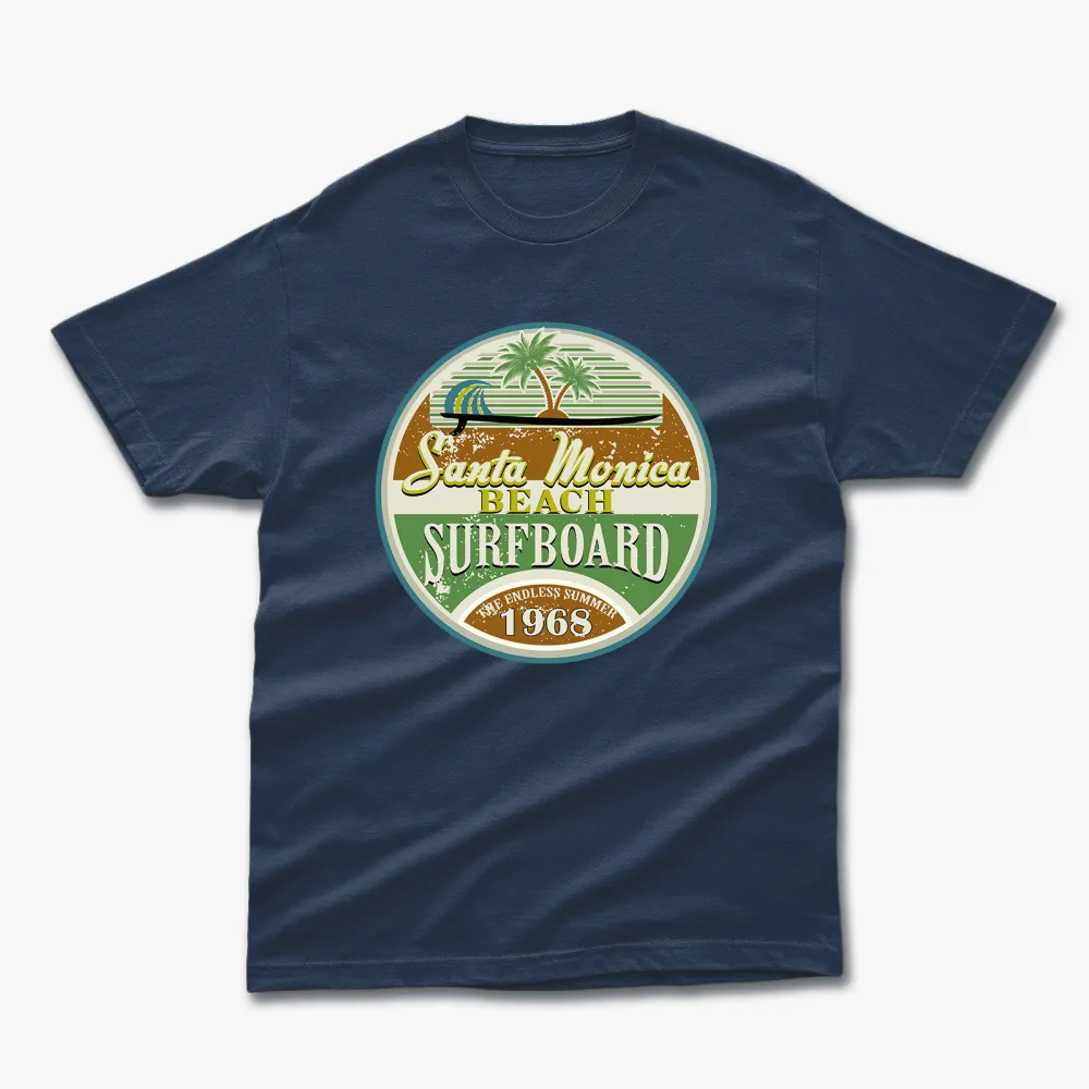 Retro Summer Santa Monica Beach Surfboard 1968 Printed T-Shirt