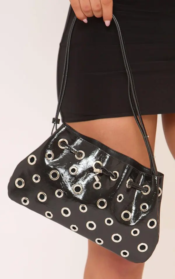 Rango Eyelet Detail Shaped Shoulder Bag In Black Patent