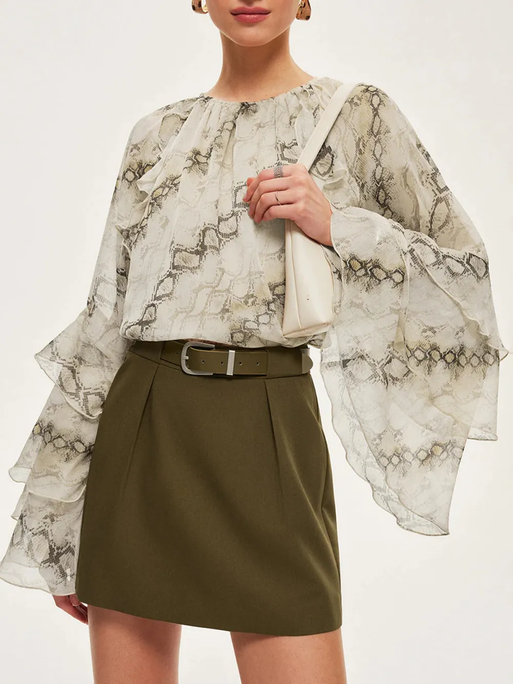 Printed Crew Neck Ruffle Sleeve Blouse