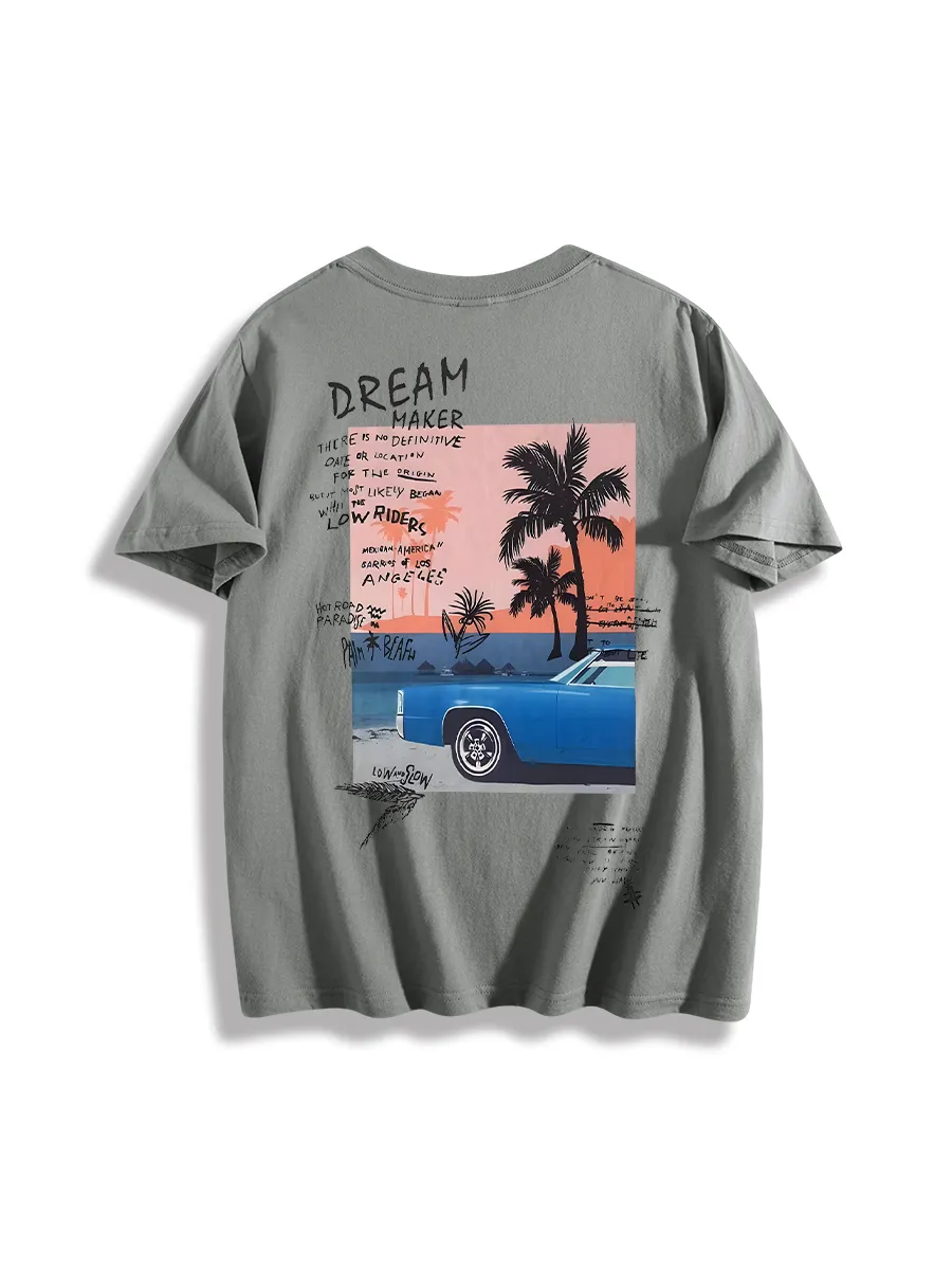Men'S Letter Palm Tree Car Graphic Printed Crew Neck Short Sleeves T-Shirt