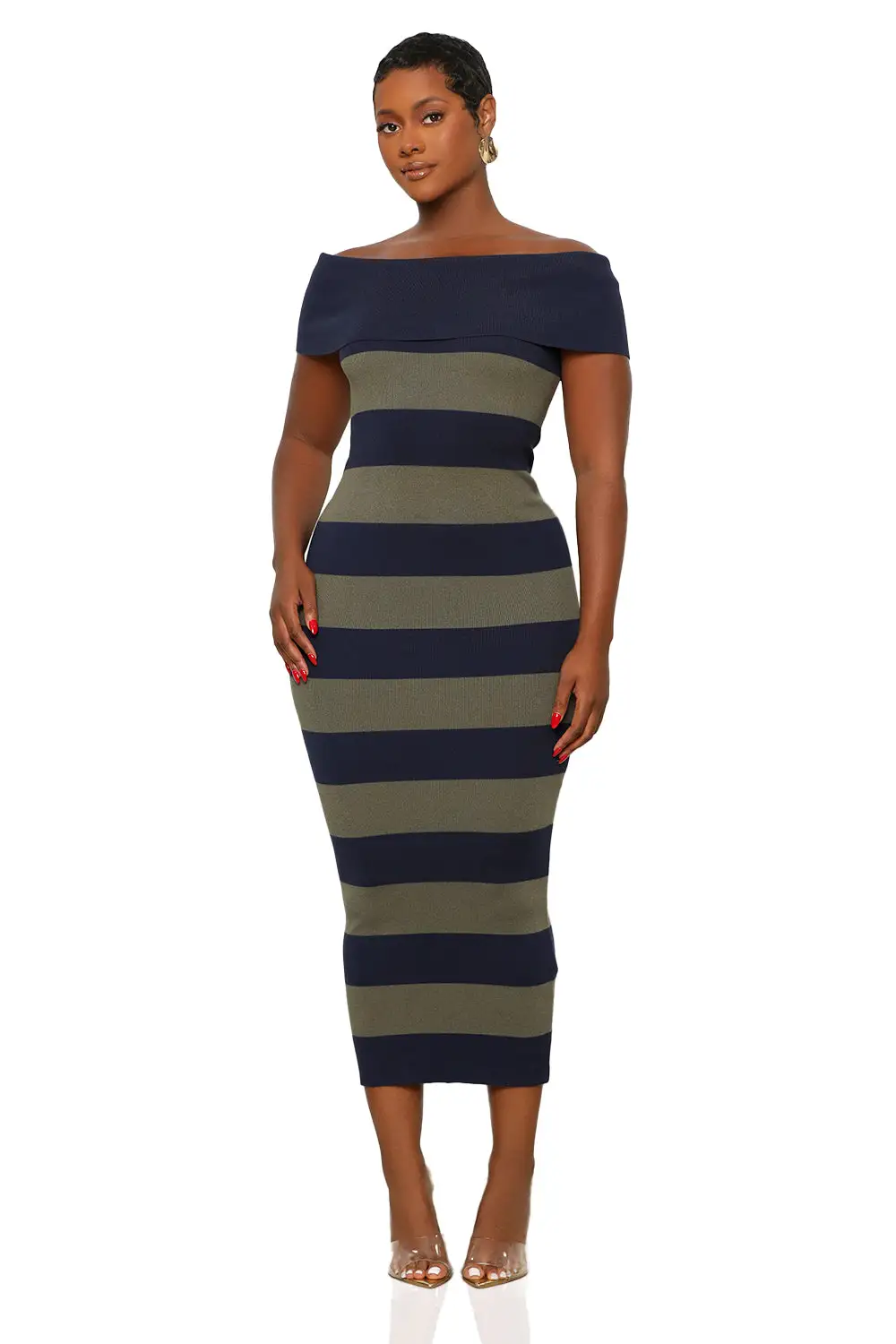 Fall In Love Stripe Off The Shoulder Dress (Olive/Navy)