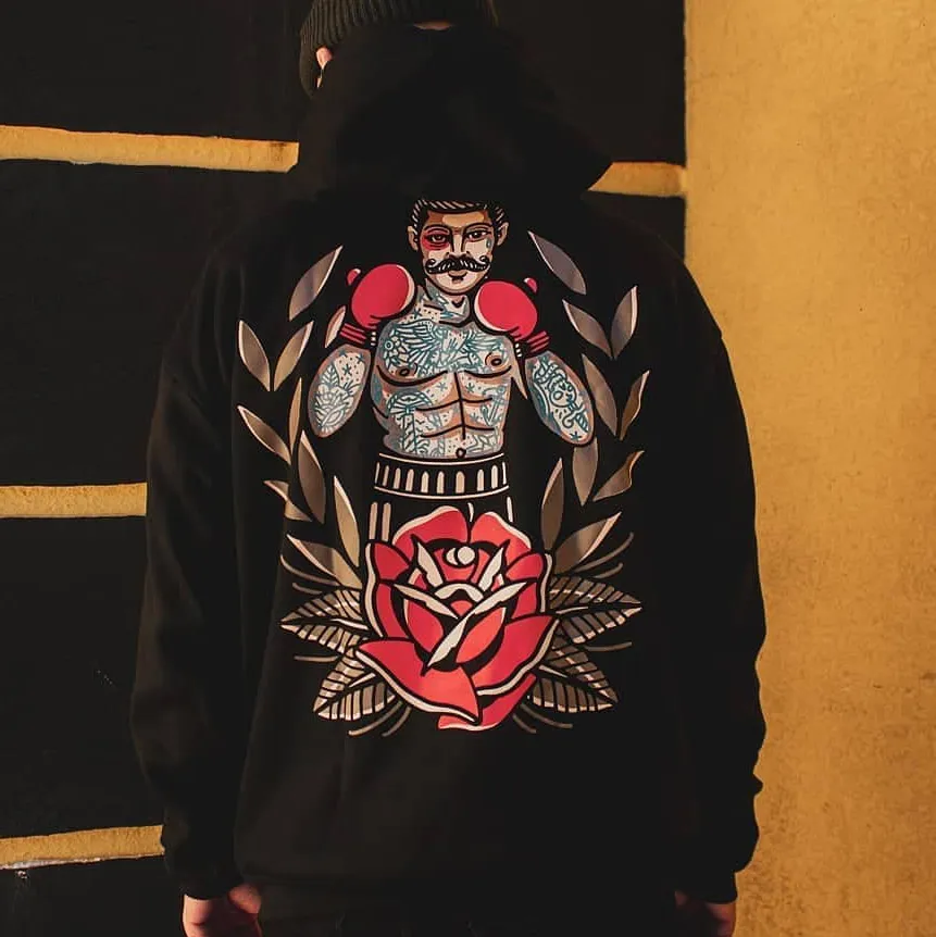 Black Beard Boxer Vintage Print Hoodie