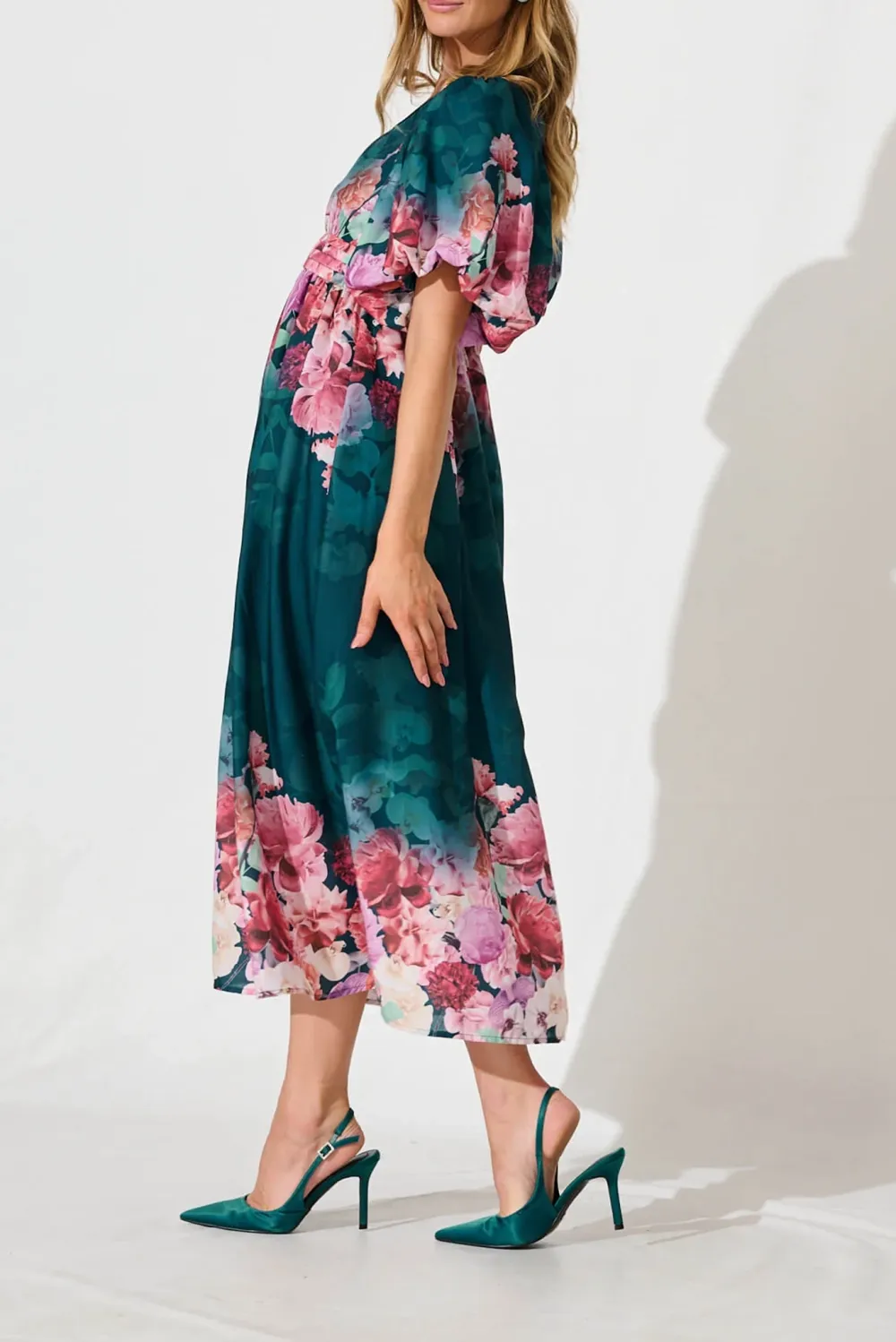 Green Floral Print Puff Sleeve Maxi Dress