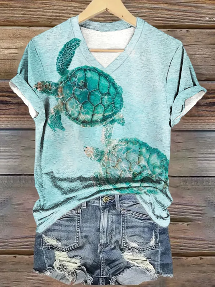 Women'S Summer Beach Turtles  Print V-Neck Cotton T-Shirt