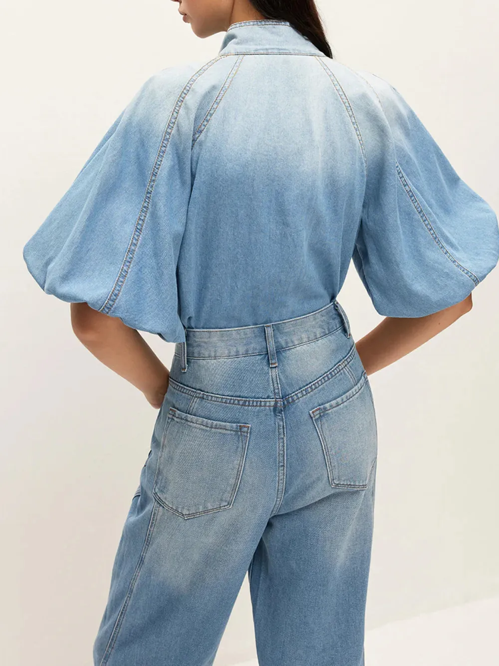 Bow Decor Half Sleeve Denim Blouse