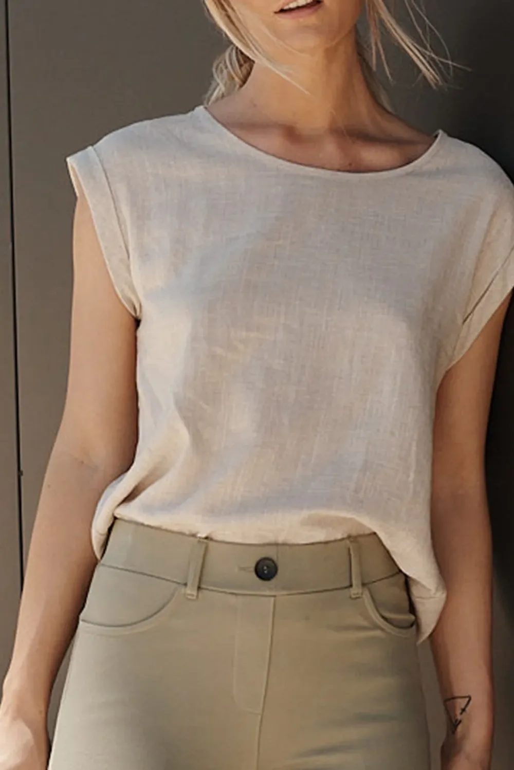 Beige Crew Neck Linen Short Sleeve Top