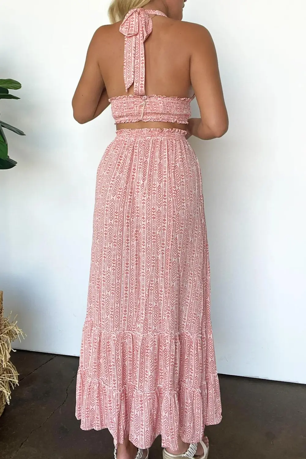 Boho Cutout Smocked Halter Top and Skirt Set