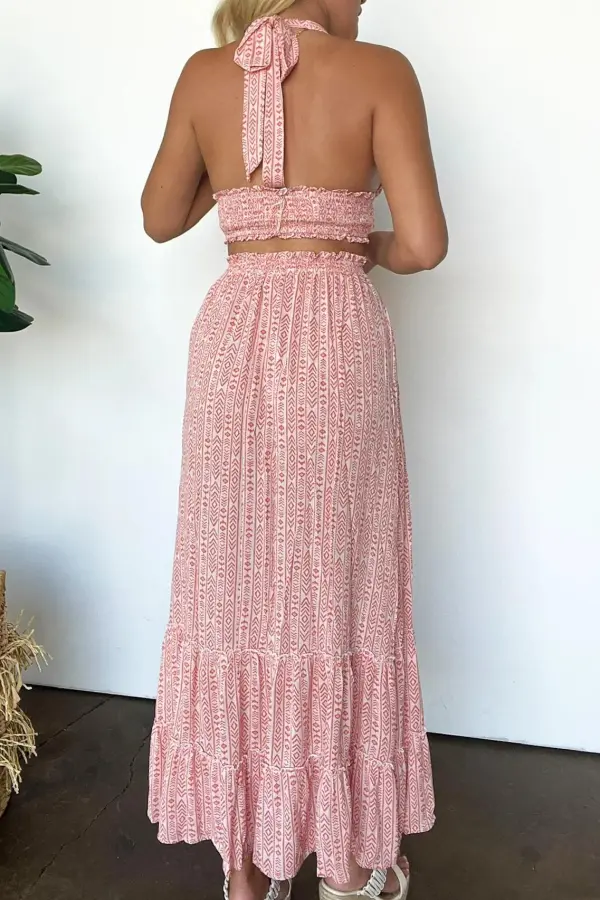 Boho Cutout Smocked Halter Top and Skirt Set