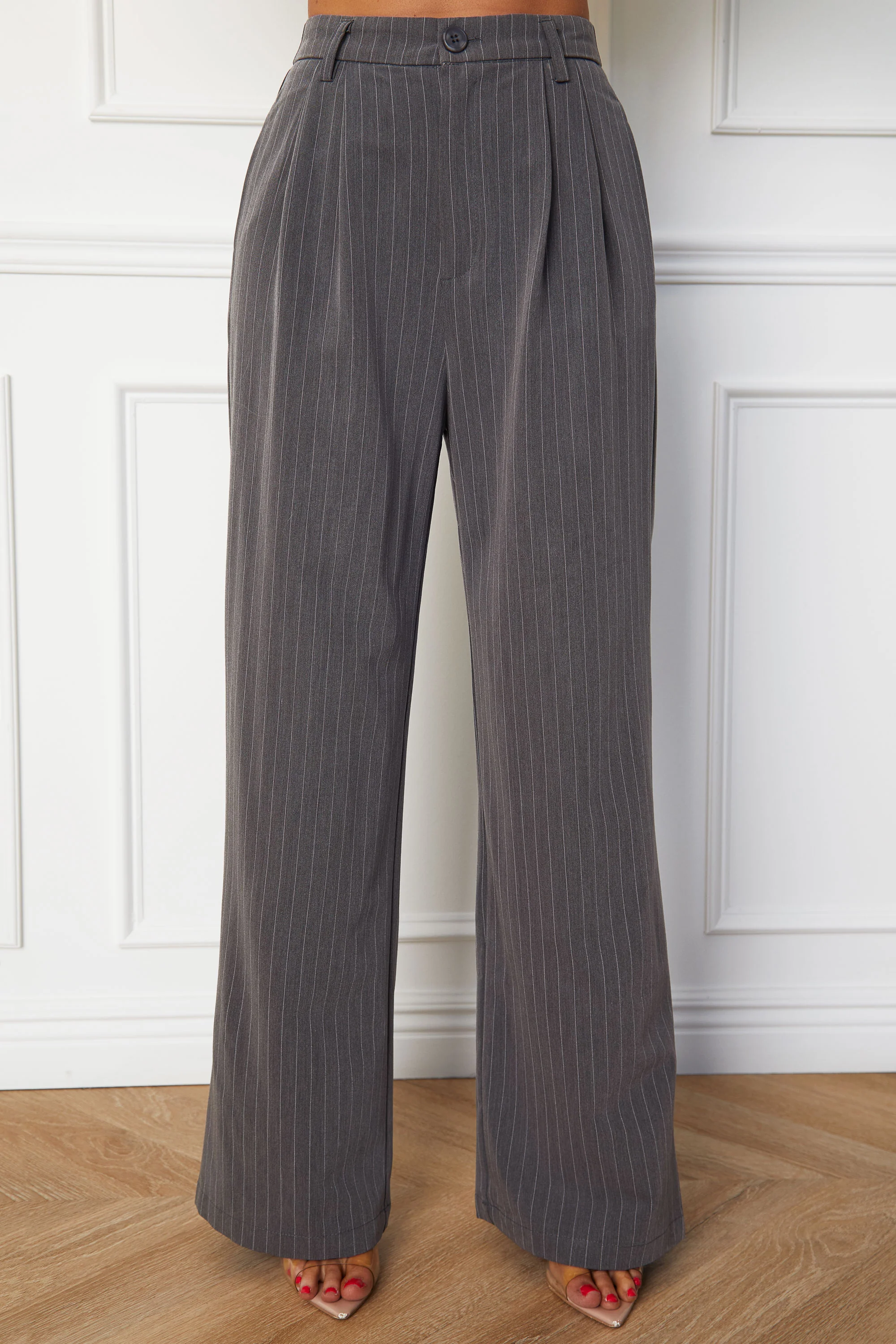 Gray Pinstripe Relaxed Straight Leg Pants