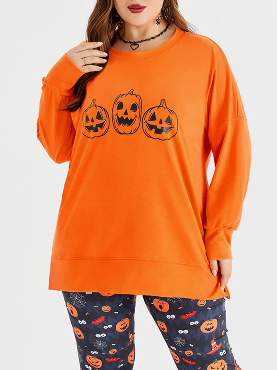 Halloween Pumpkin Print Drop Shoulder Sweatshirt