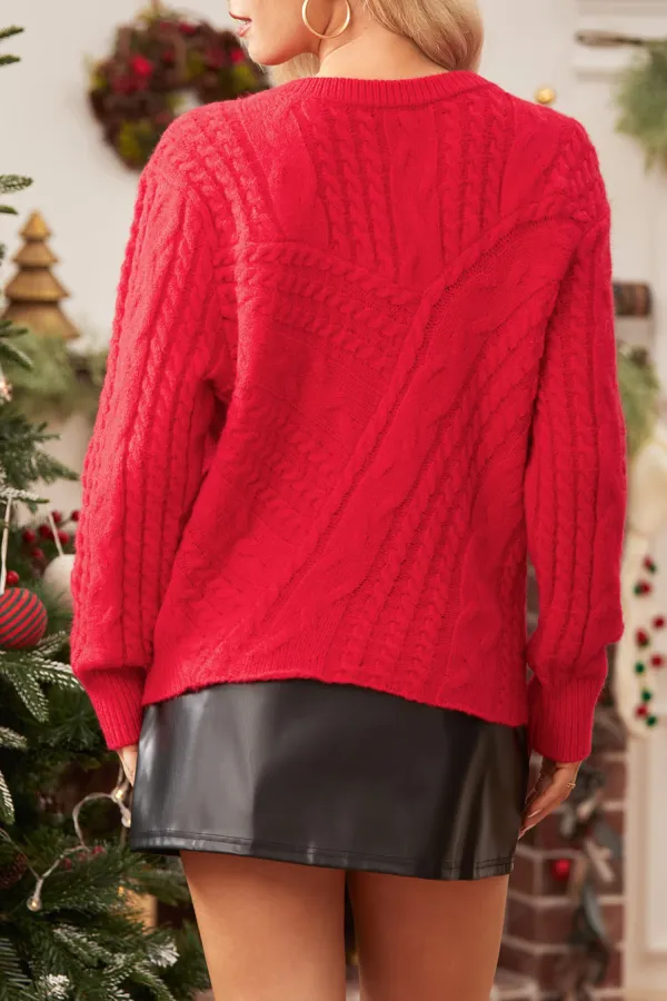 Red Long Sleeve Cable Knit Crewneck Jumper