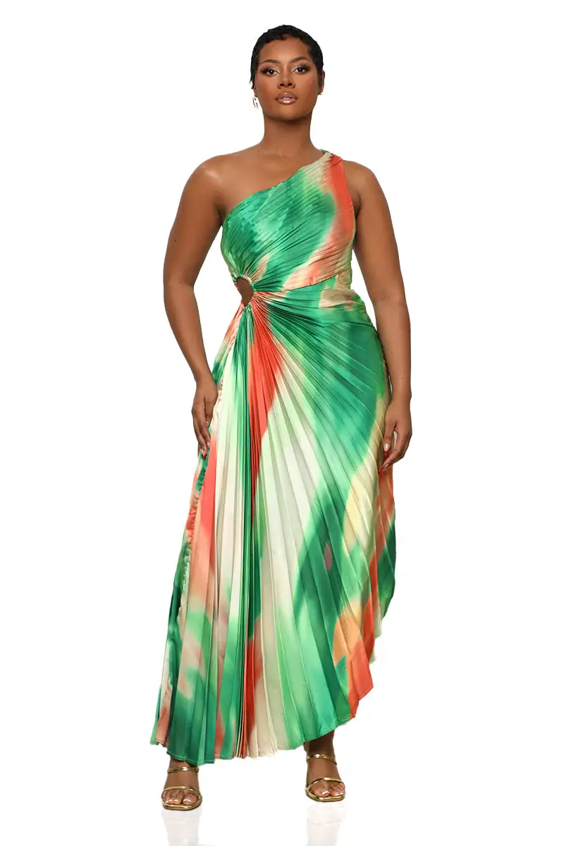 Sunkissed Watercolor One Shoulder Dress (Green Multi)